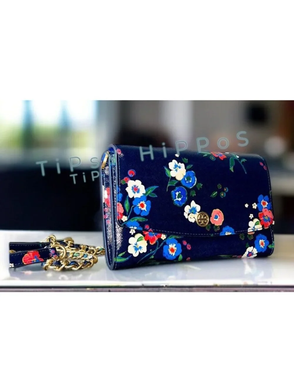 Adorable Tory Burch Dark Blue and Floral Robinon Shoulder Bag/Crossbody